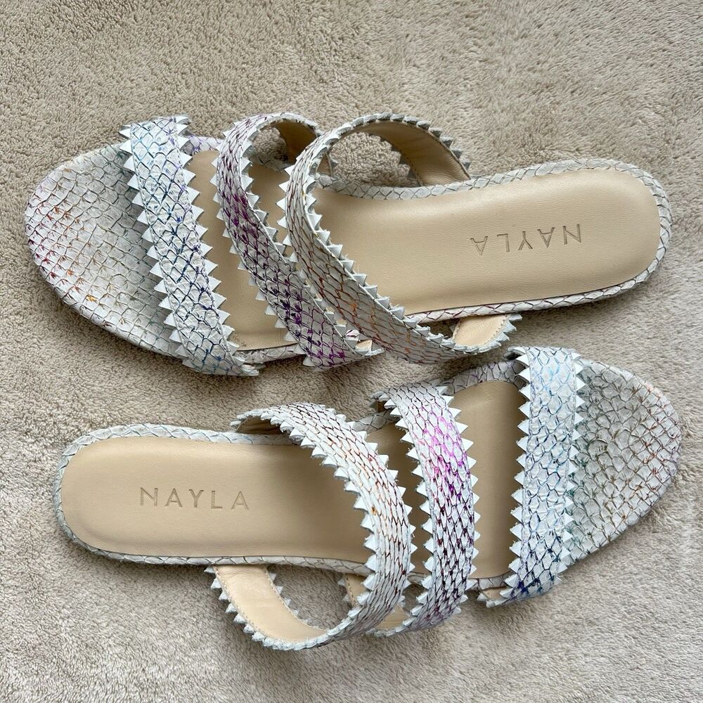 Nayla Clara Rainbow Fish Scales Slide Flat Sandals Women 7 Zig Zag‎ Wide Straps